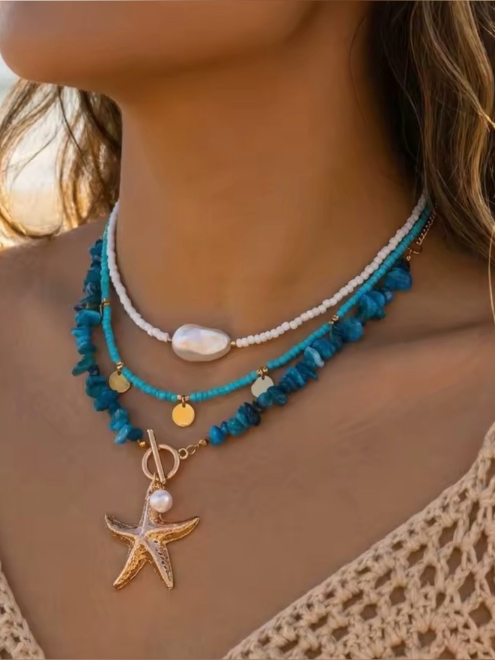 Turquoise, White & Gold Layered Starfish Necklace